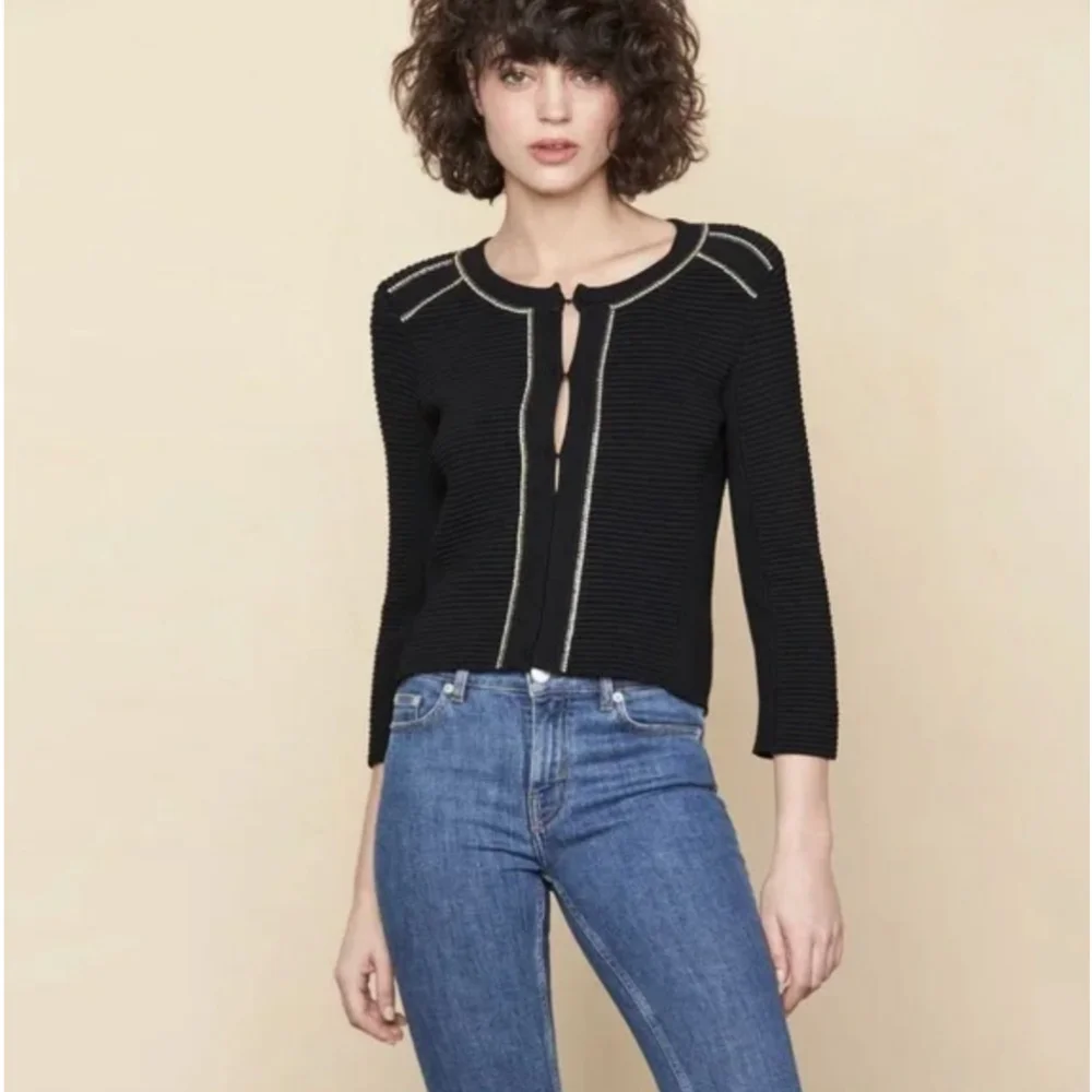 Maje Fine Knit Rhinestone Trim Cardigan Jacket Black Gold French Designer Small - Picture 4 of 16